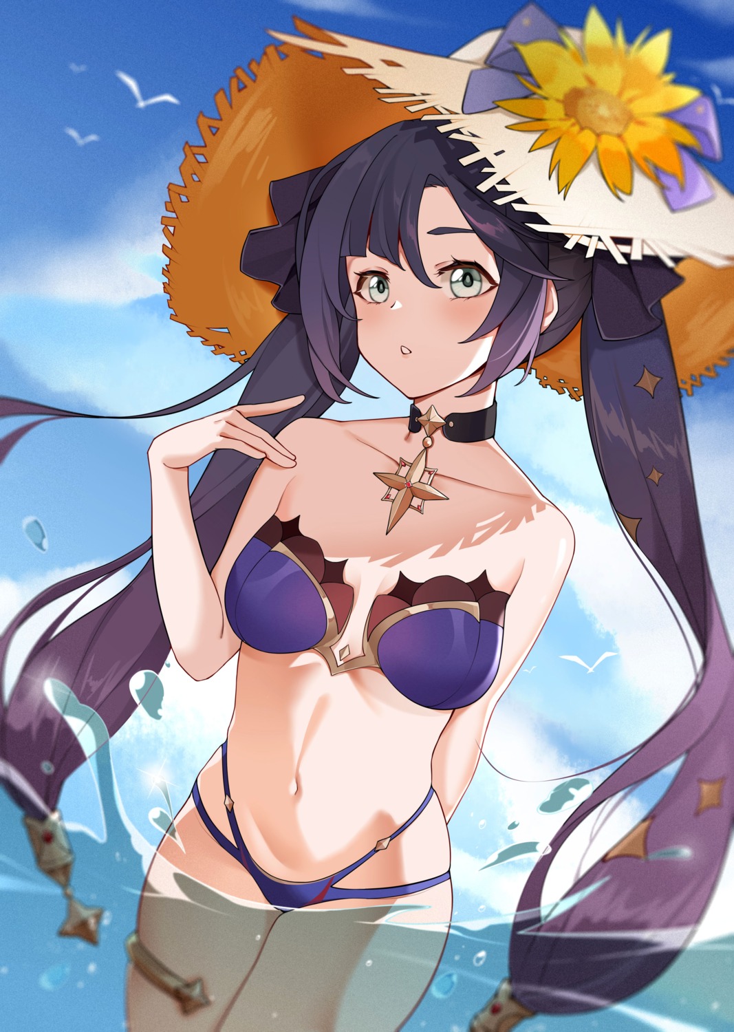 bikini cleavage garter genshin_impact kemile mona_megistus swimsuits wet