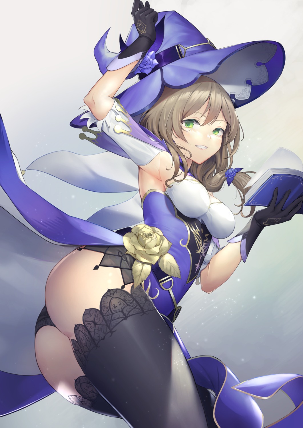 ass genshin_impact lisa_(genshin_impact) shuangyijiu skirt_lift thighhighs witch