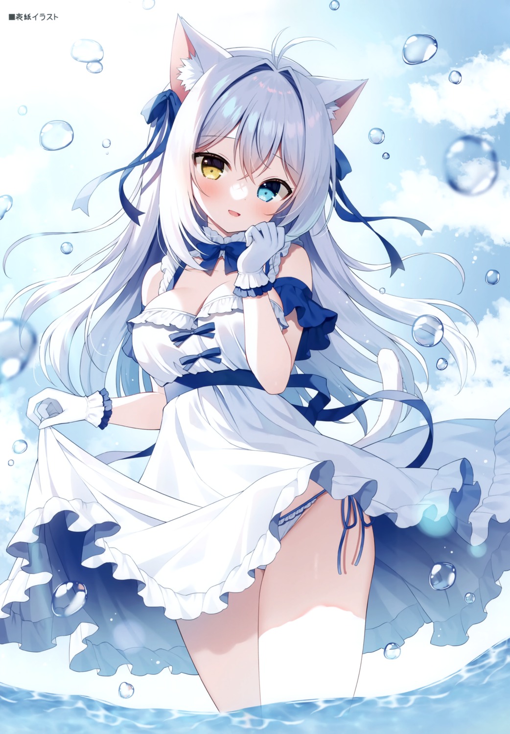 aina_rive animal_ears dress heterochromia mauve nekomimi pantsu skirt_lift string_panties tail wata★punch wet