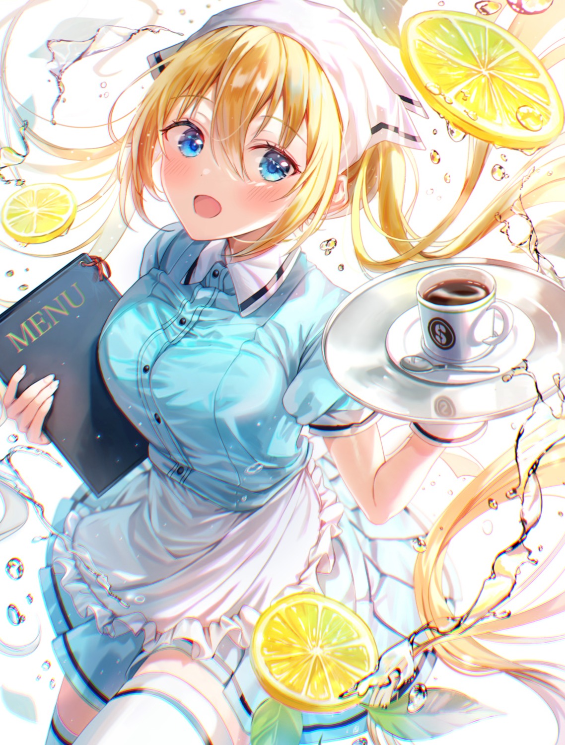 blend_s hinata_kaho sakura_(39ra) skirt_lift thighhighs waitress