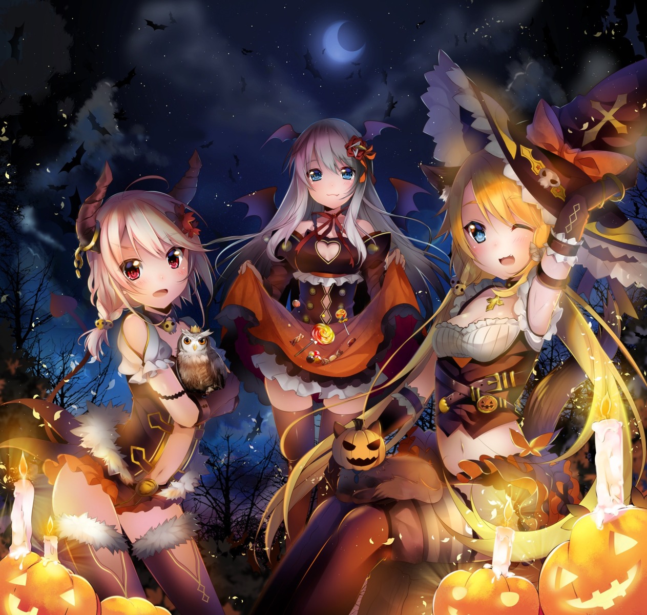 animal_ears cleavage halloween horns neko nekomimi skirt_lift tail thighhighs usagihime wings witch