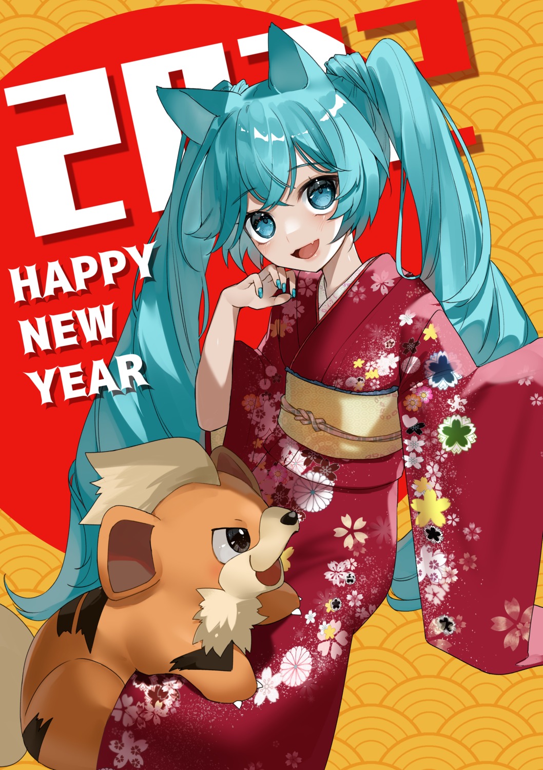 animal_ears crossover growlithe hatsune_miku kimono pokemon reirou_(chokoonnpu) vocaloid