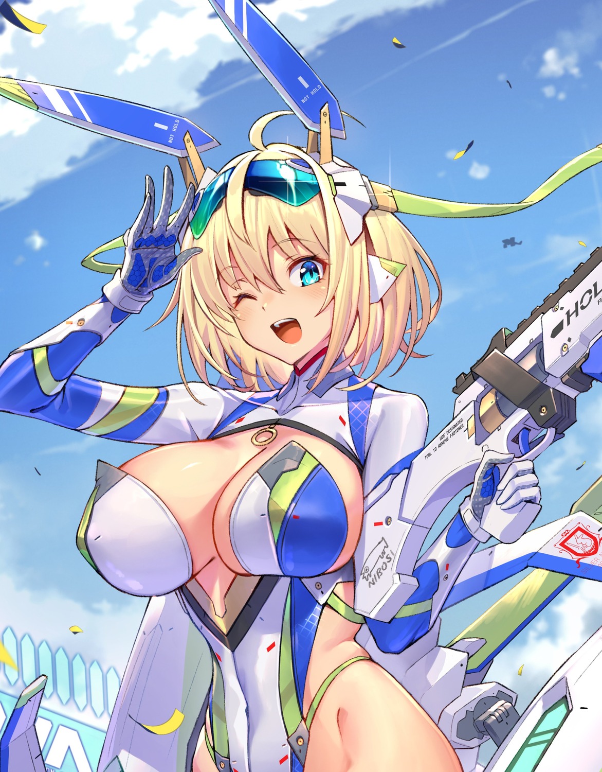 animal_ears bunny_ears bunny_girl erect_nipples gun mecha_musume no_bra sophia_f_shirring takamine_nadare wings