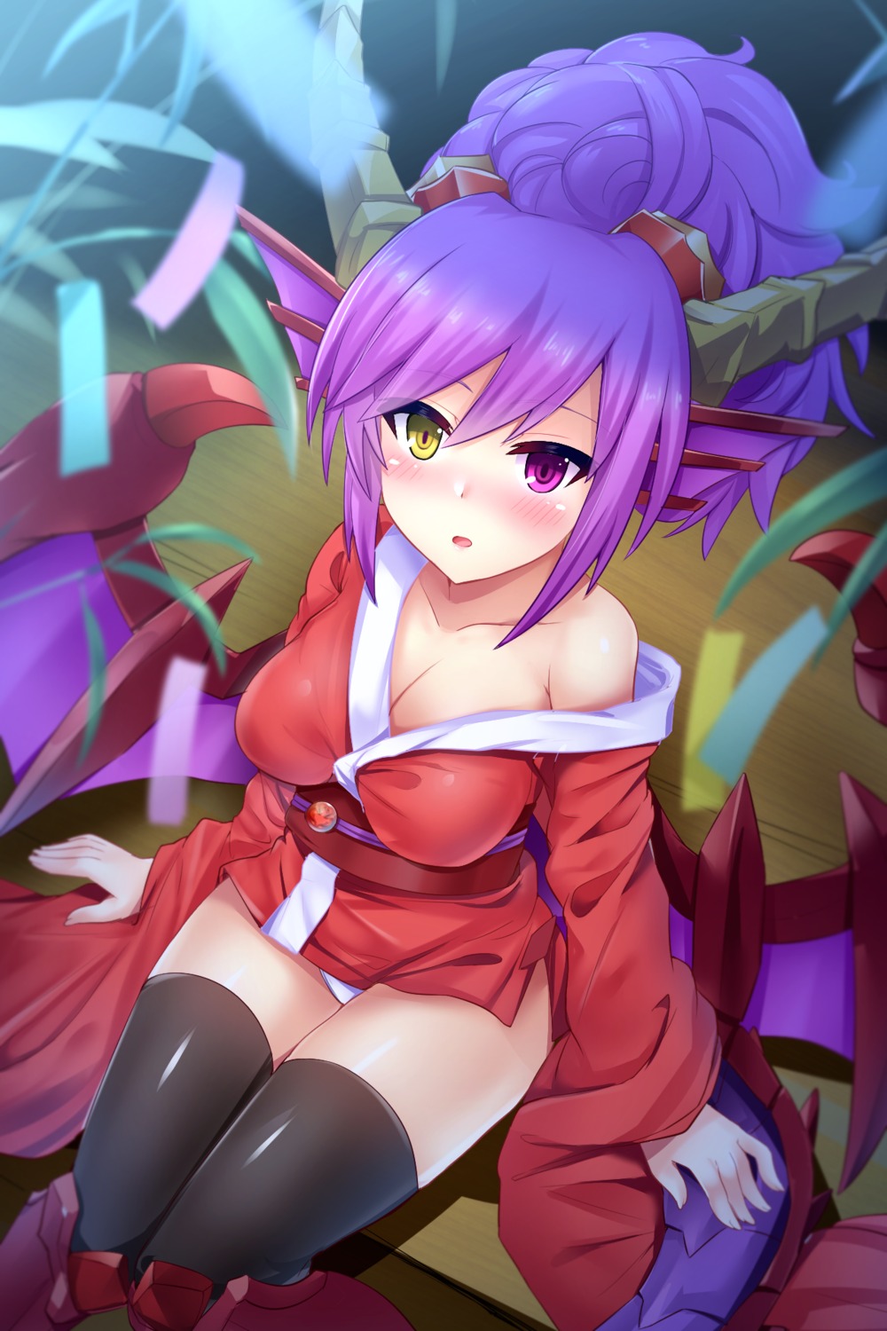 cleavage horns japanese_clothes open_shirt pantsu puzzle_&_dragons samoore sonia_(p&d) tail thighhighs wings