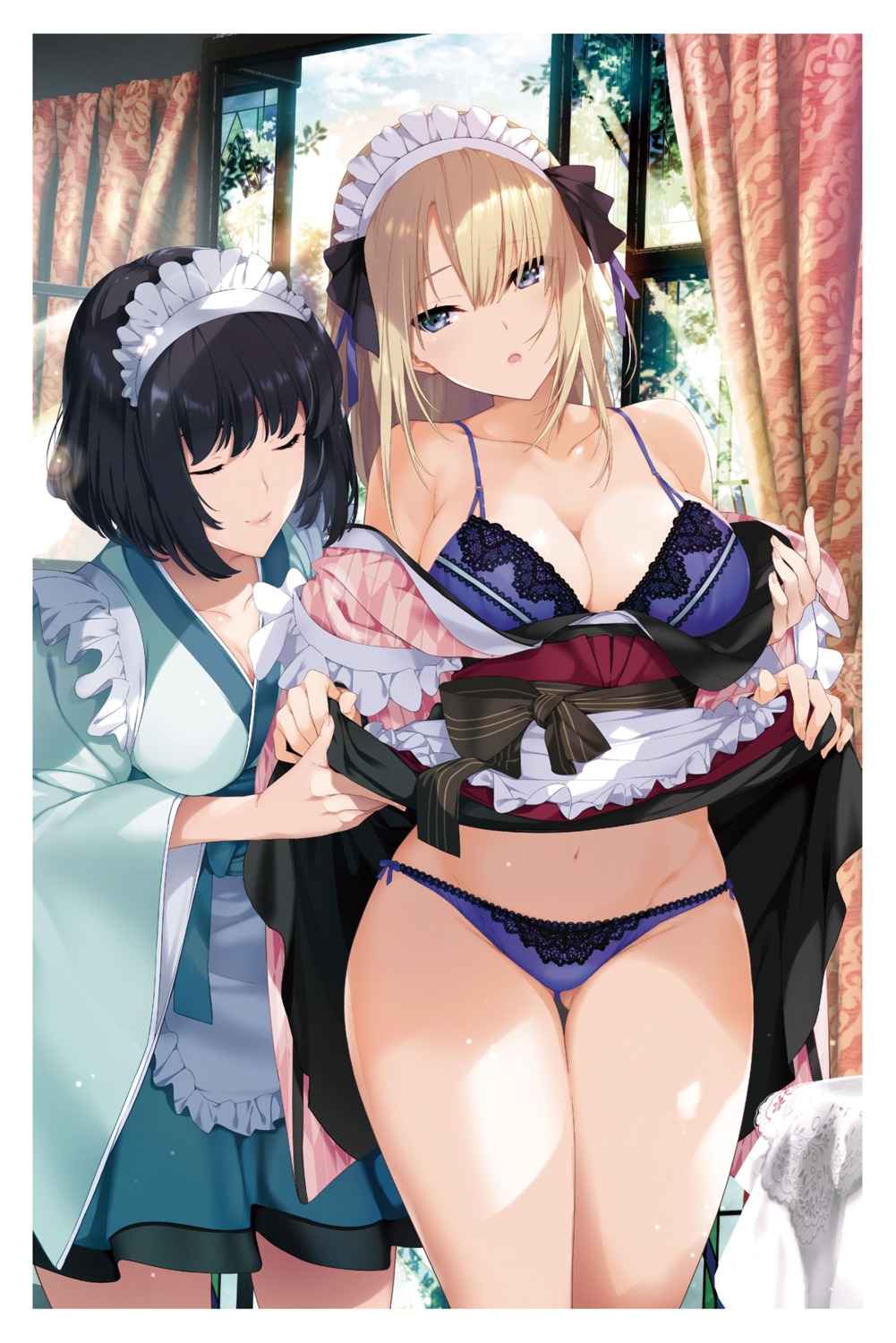 bra cleavage iizuki_tasuku japanese_clothes maid open_shirt pantsu skirt_lift string_panties wa_maid