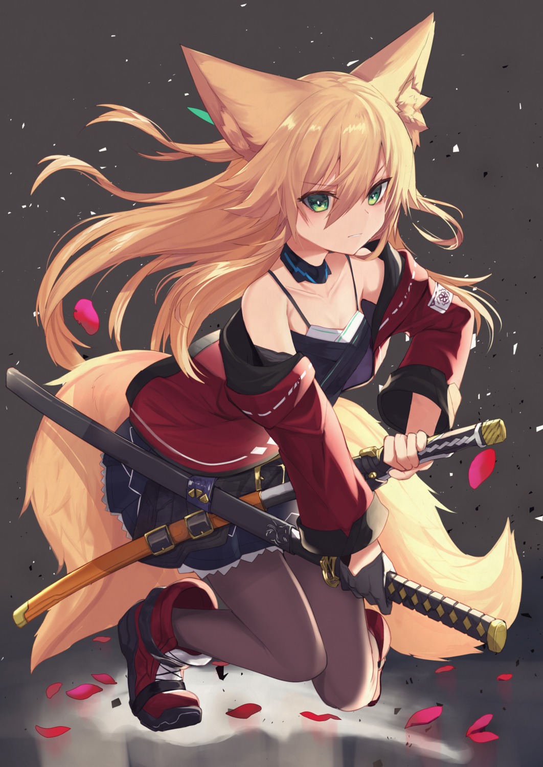 animal_ears cleavage haik kitsune sword tail