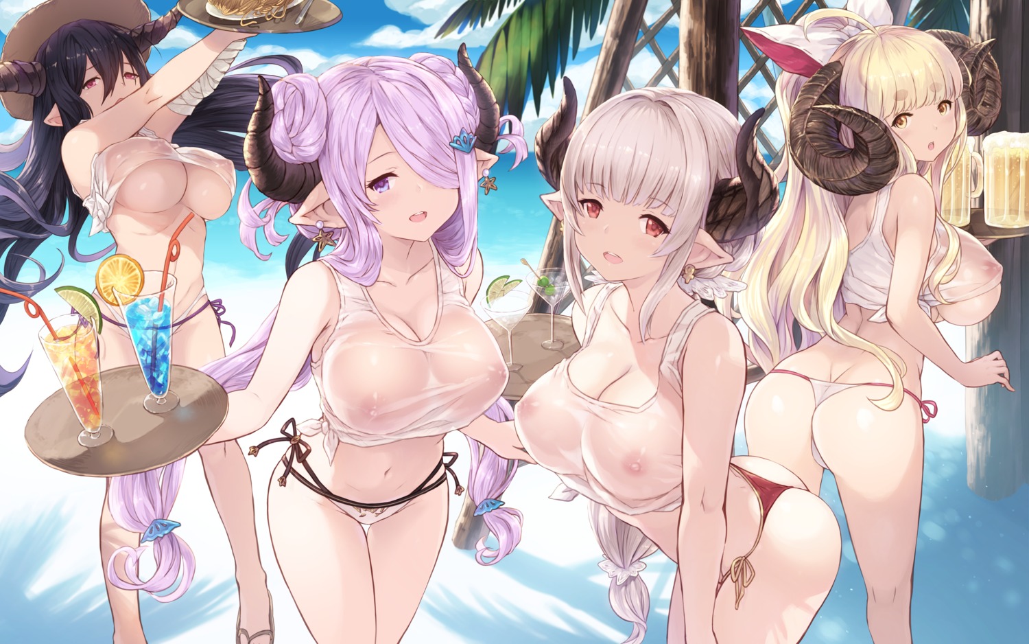 alicia_(granblue_fantasy) anila_(granblue_fantasy) ass cait danua granblue_fantasy horns narumeia_(granblue_fantasy) nipples no_bra pointy_ears see_through shirt_lift swimsuits thong