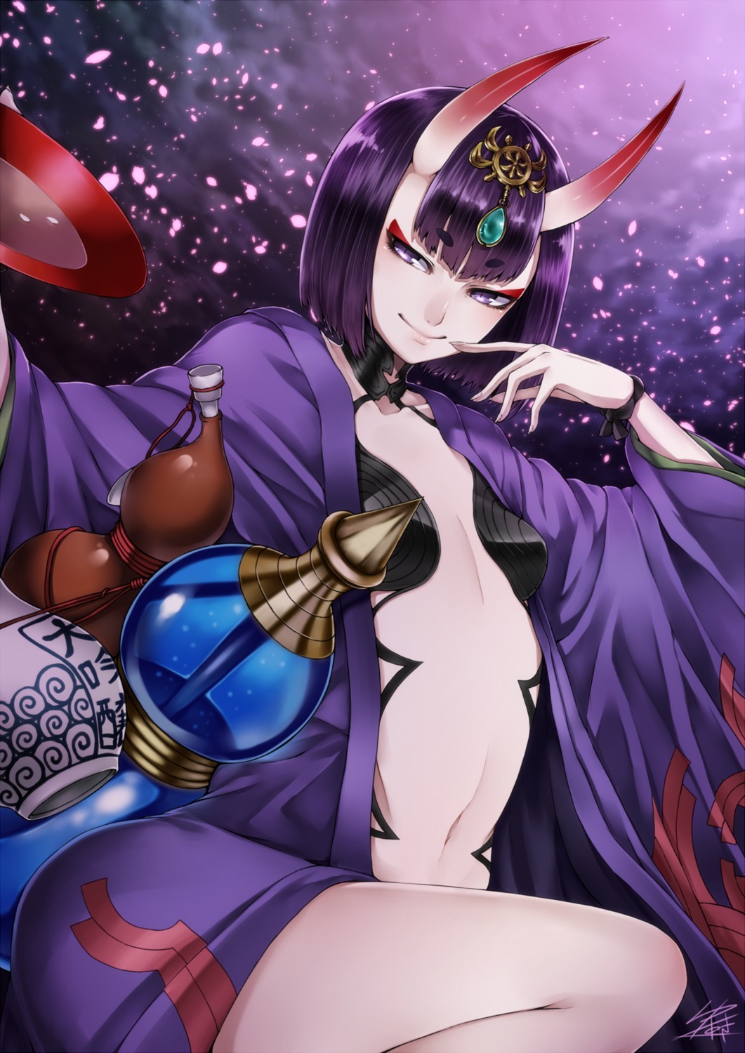 cleavage fate/grand_order horns japanese_clothes no_bra open_shirt sake shuten_douji_(fate/grand_order) yusuki_(fukumen)