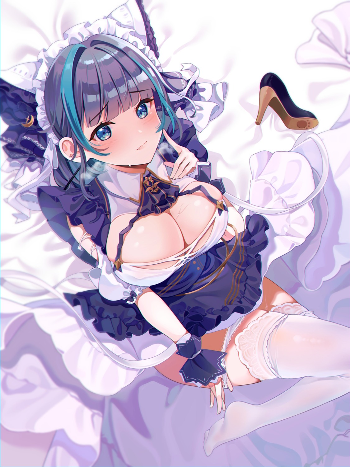 azur_lane cheshire_(azur_lane) maid no_bra pantsu panty_pull reel_(riru) skirt_lift thighhighs undressing