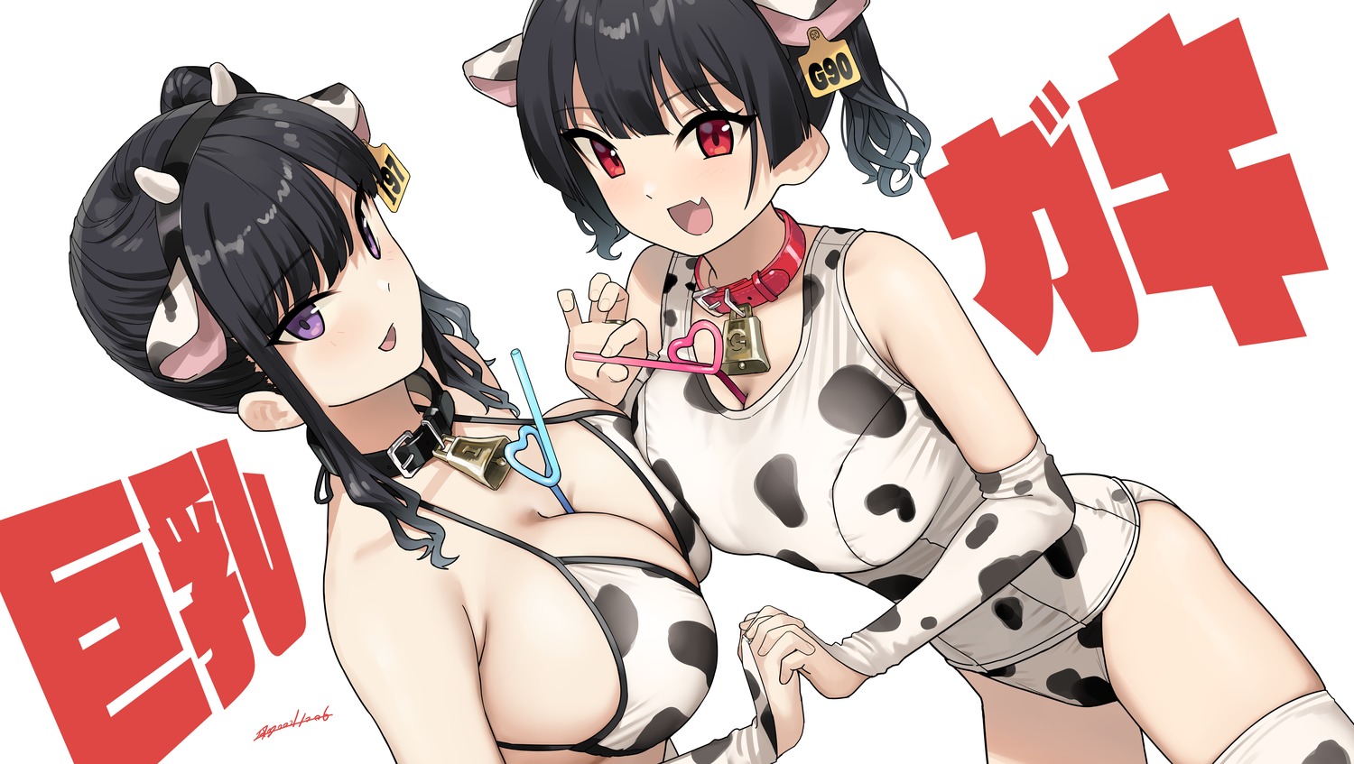 animal_ears bikini_top gaki_kyonyuu horns kaedeko_(kaedelic) sasaki_kanna sasaki_miyuki school_swimsuit swimsuits thighhighs