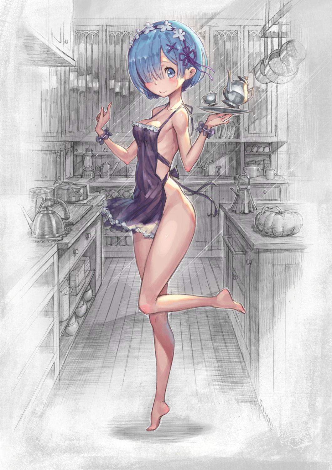 naked_apron re_zero_kara_hajimeru_isekai_seikatsu rem_(re_zero) see_through sinad