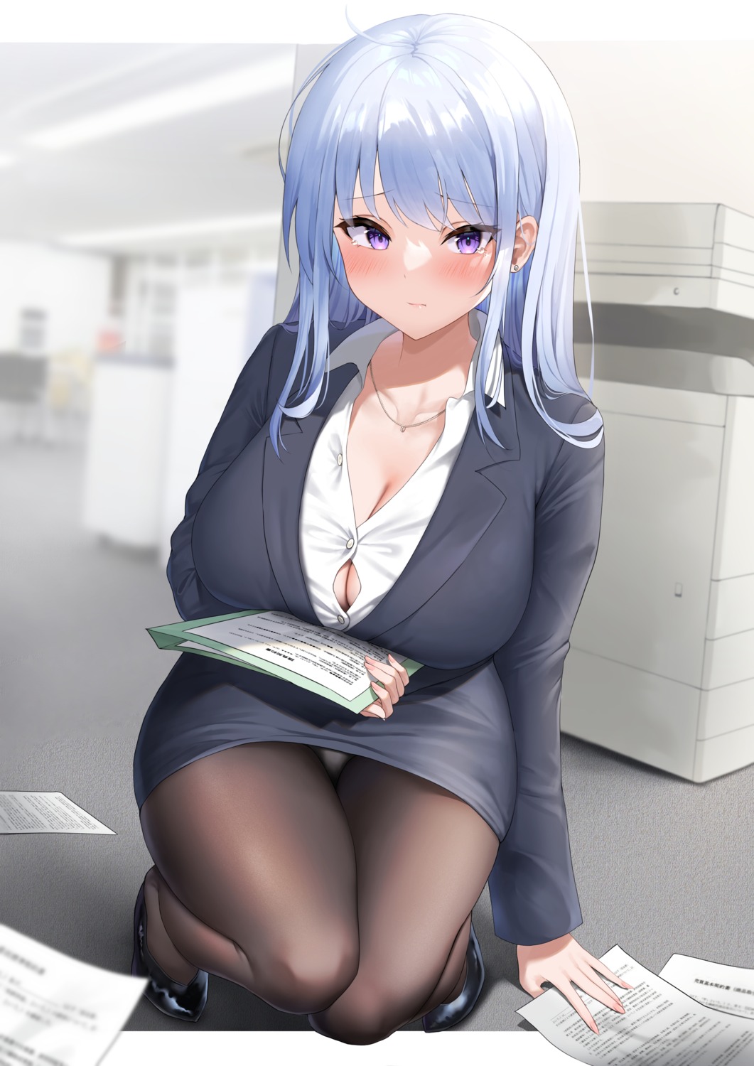 business_suit cleavage futon_fly_away pantsu pantyhose