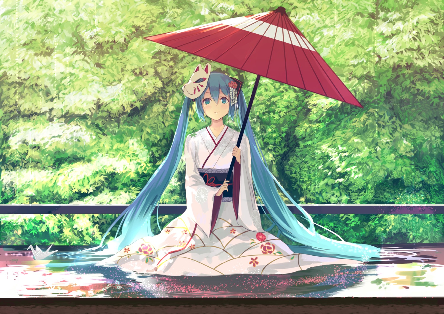 hatsune_miku kimono nishin umbrella vocaloid wet