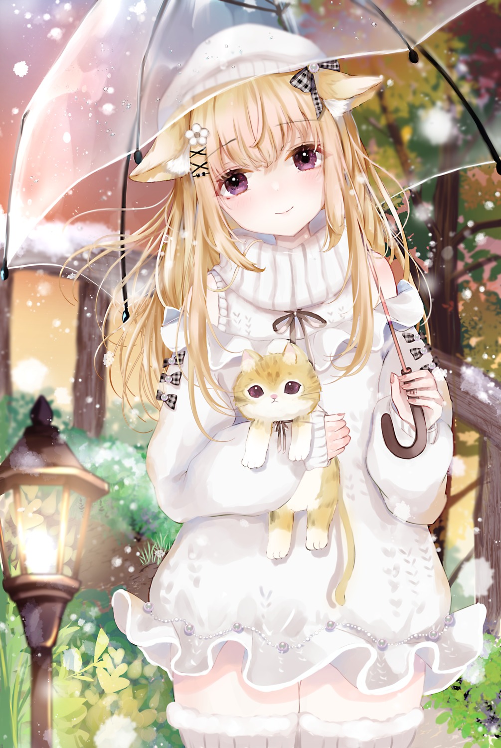 animal_ears dress neko nekomimi sakura_mochiko sweater thighhighs umbrella