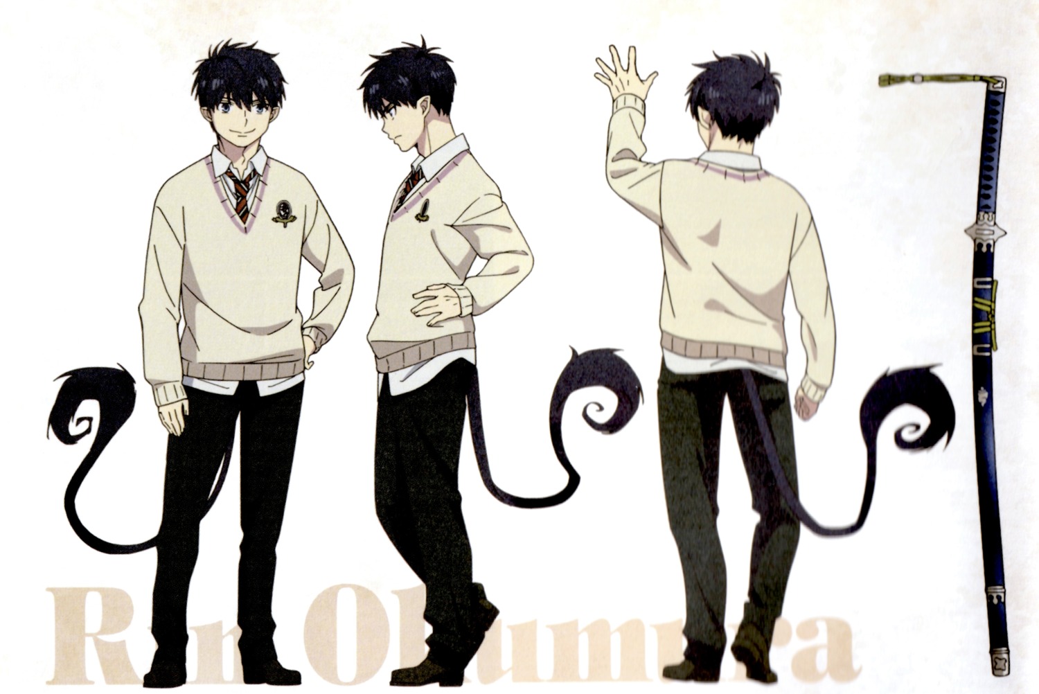 ao_no_exorcist character_design male okumura_rin oohigashi_yurie pointy_ears seifuku sweater sword tail