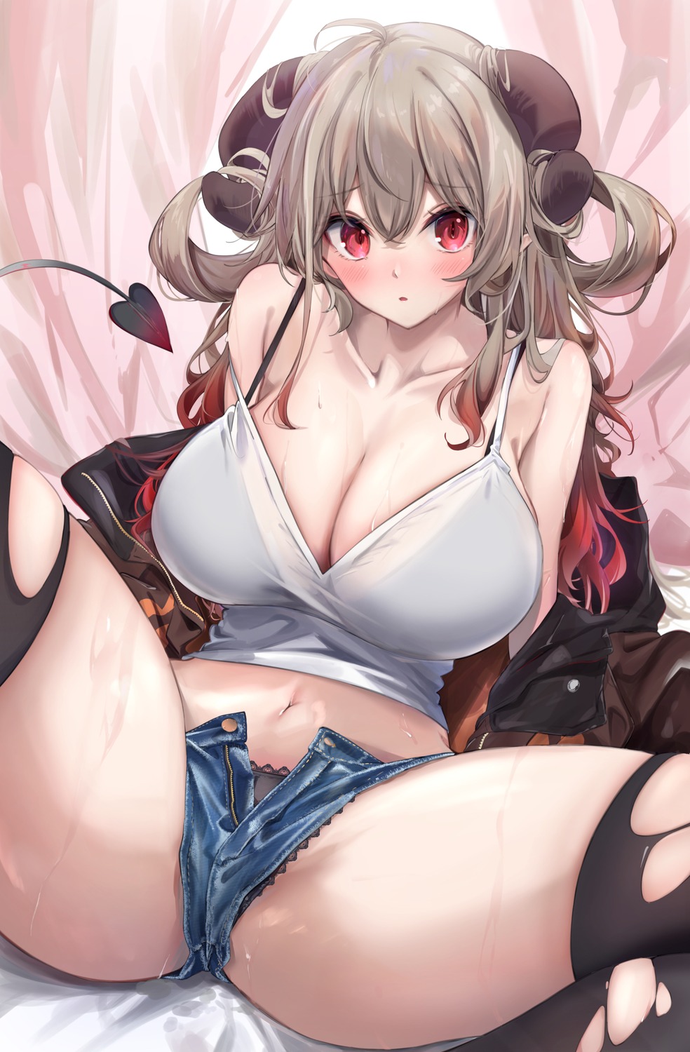 bra horns komupi pantsu pointy_ears see_through tail thighhighs torn_clothes
