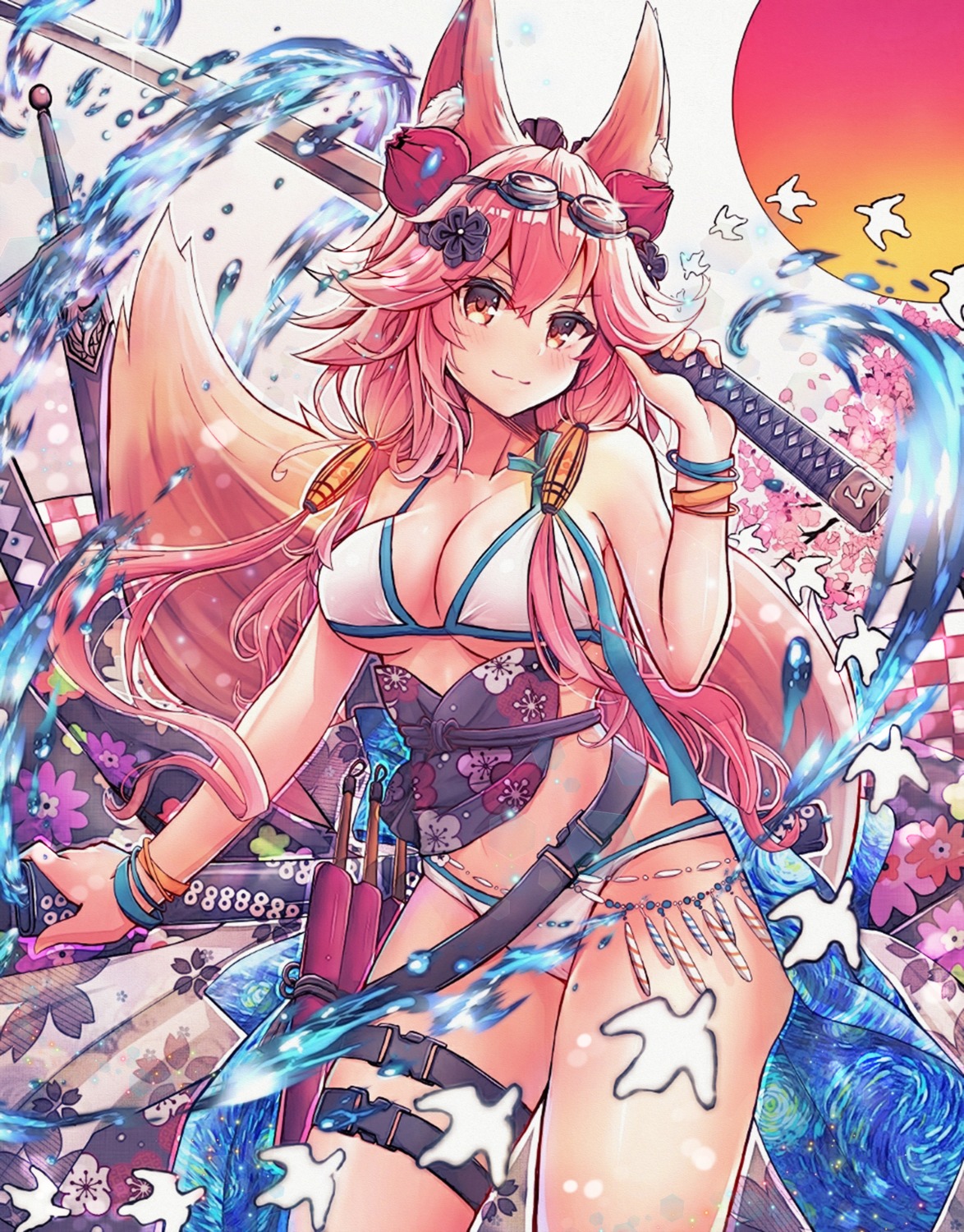 animal_ears bikini cosplay fate/grand_order garter kitsune swimsuits sword tail tamamo_no_mae yazuishou_ray