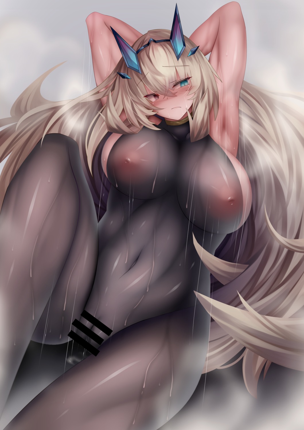 bodysuit censored fairy_knight_gawain_(fate) fate/grand_order heterochromia nipples no_bra nopan pussy pussy_juice see_through semi3_3 wet wet_clothes