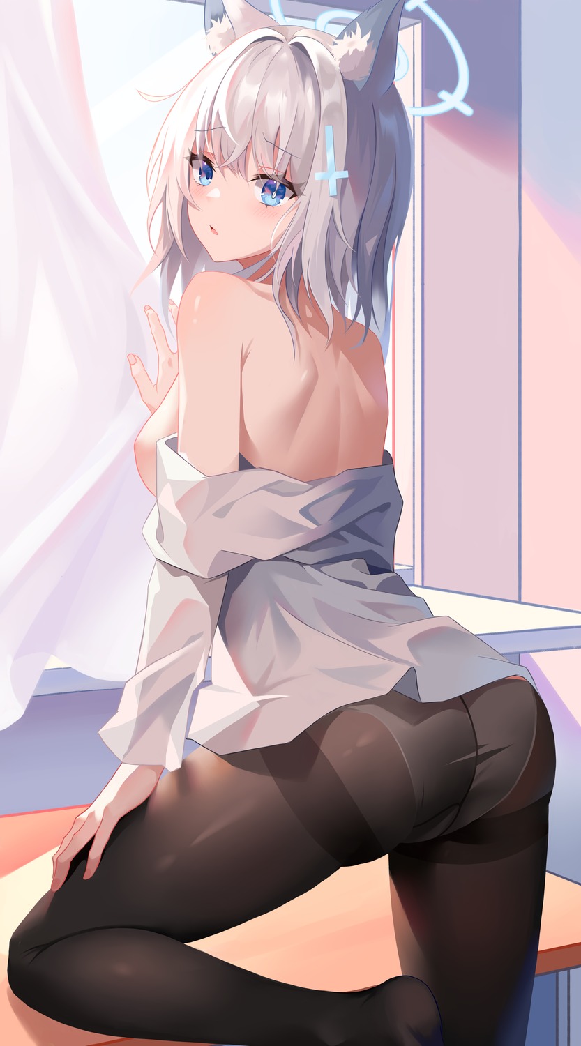 animal_ears ass blue_archive breasts halo nekomimi no_bra open_shirt pantsu pantyhose prelude sunaookami_shiroko