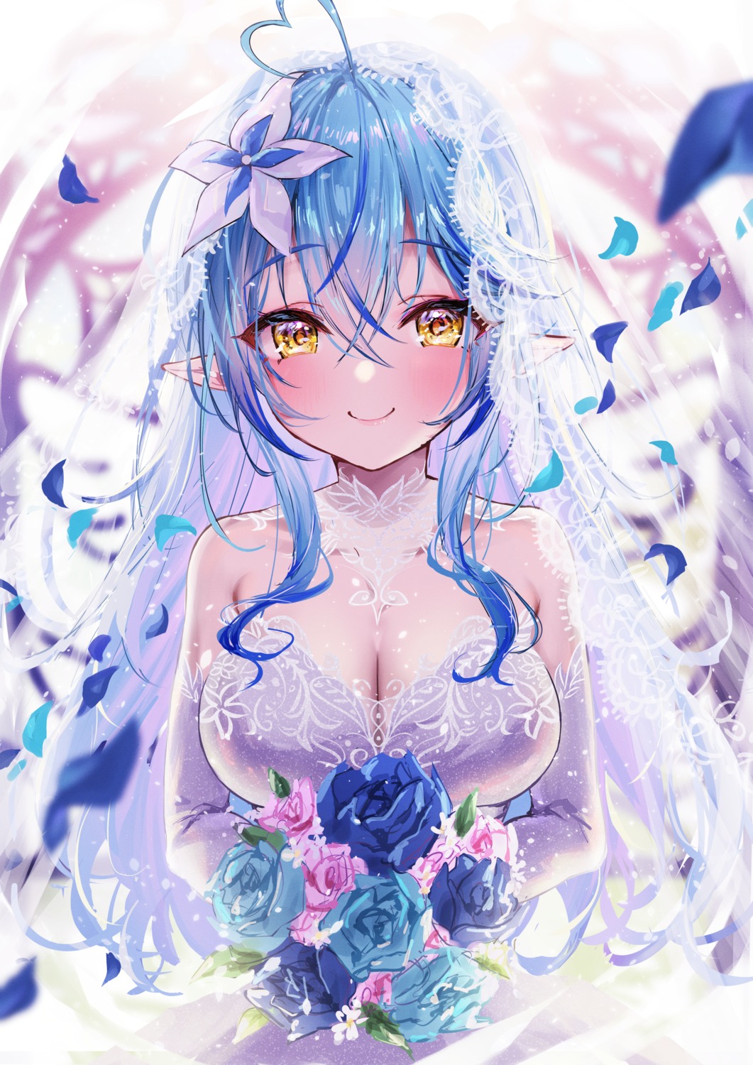 dress elf hololive misekiss no_bra pointy_ears wedding_dress yukihana_lamy