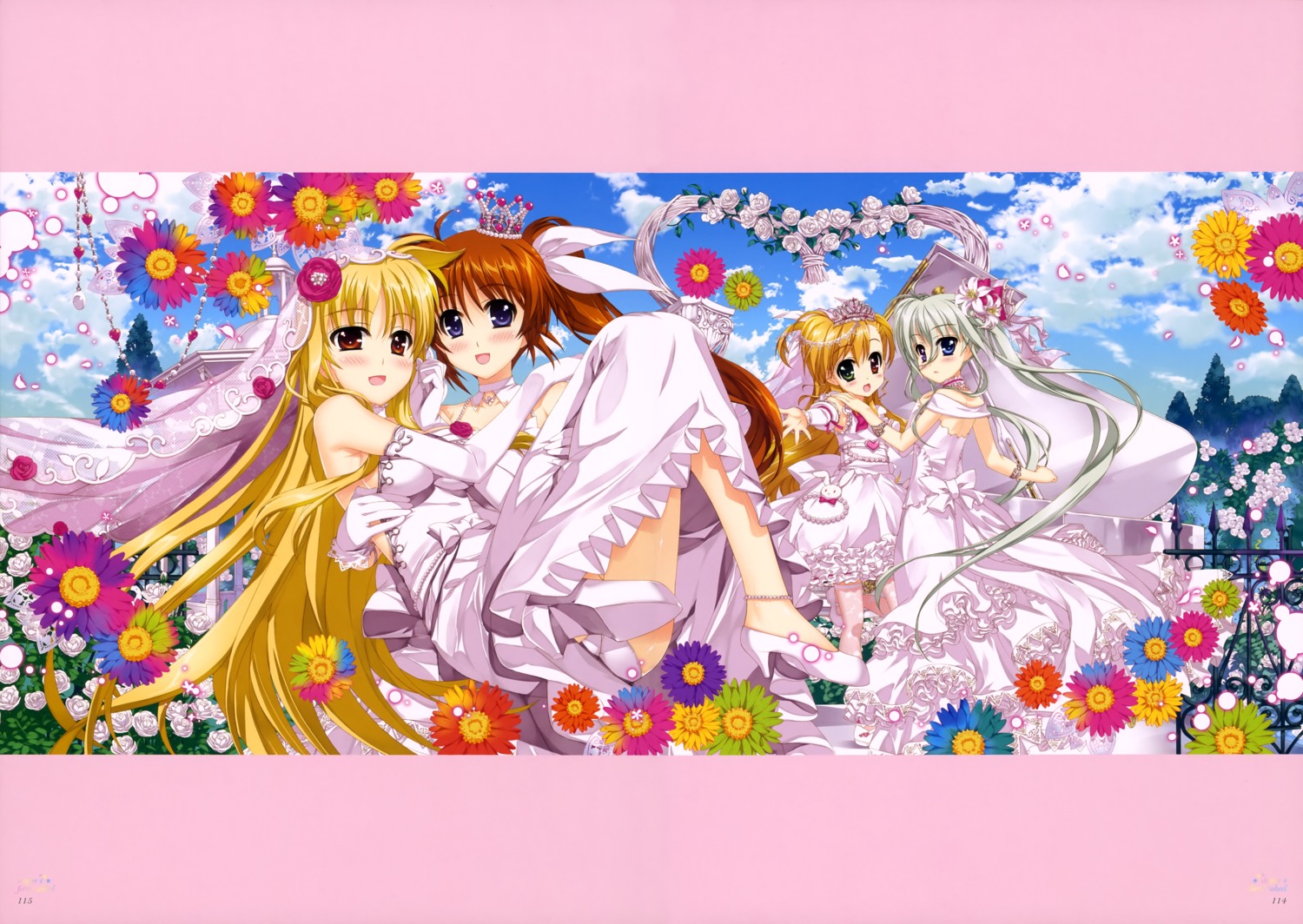 dress einhart_stratos fate_testarossa fujima_takuya heels heterochromia mahou_shoujo_lyrical_nanoha mahou_shoujo_lyrical_nanoha_vivid no_bra takamachi_nanoha thighhighs vivio wedding_dress