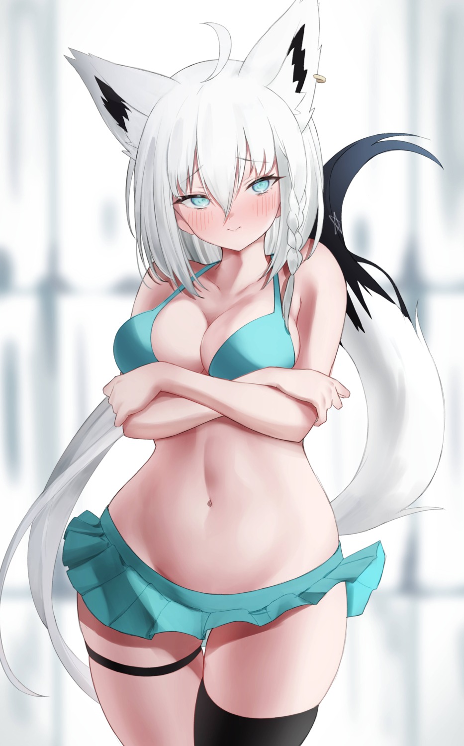 animal_ears bikini breast_hold garter higashigure hololive hololive_gamers kitsune shirakami_fubuki skirt_lift swimsuits tail thighhighs