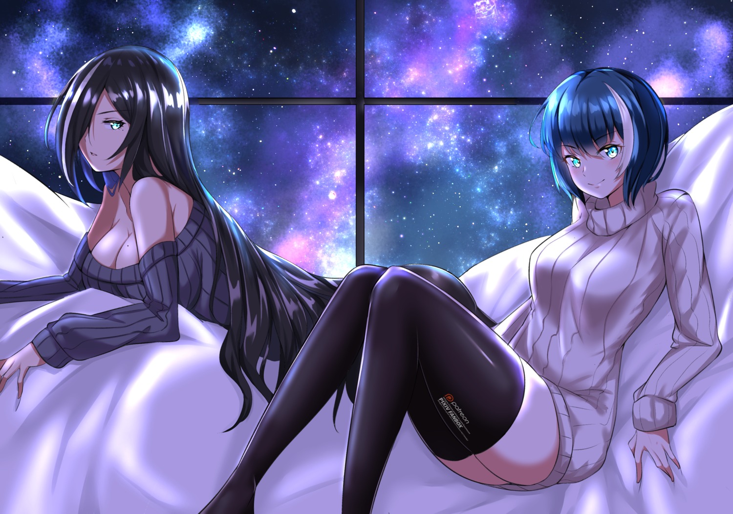 cerise_(epic7) dress epic7 no_bra sweater thighhighs twomoon vivian_(epic7)