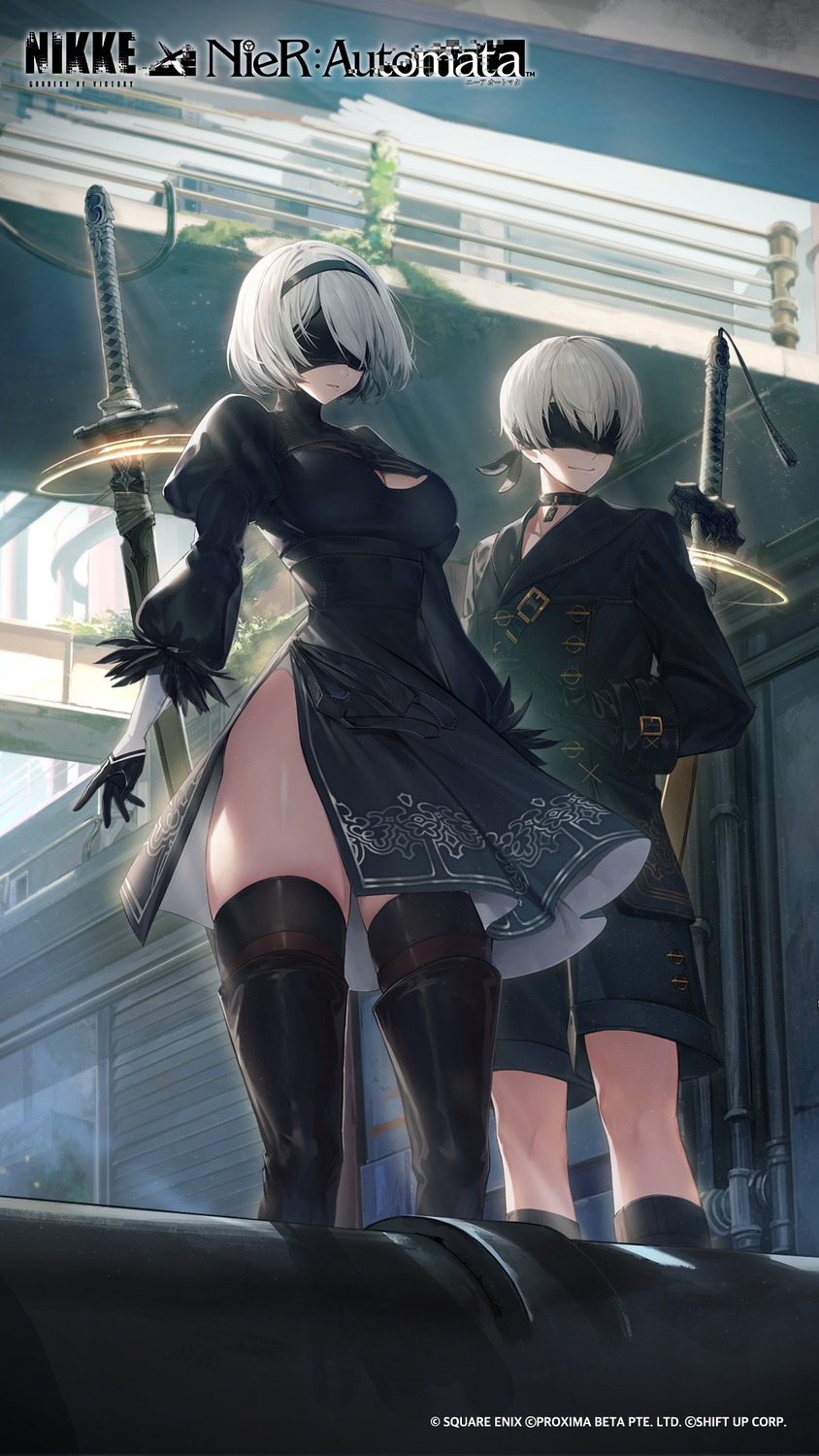 dress nier_automata nikke_the_goddess_of_victory official_watermark shift_up skirt_lift square_enix sword tagme thighhighs yorha_no.2_type_b yorha_no._9_type_s