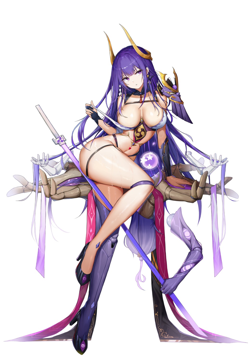 bikini garter genshin_impact heels horns kiriko_(araragikoyomi) raiden_shogun swimsuits sword thighhighs undressing