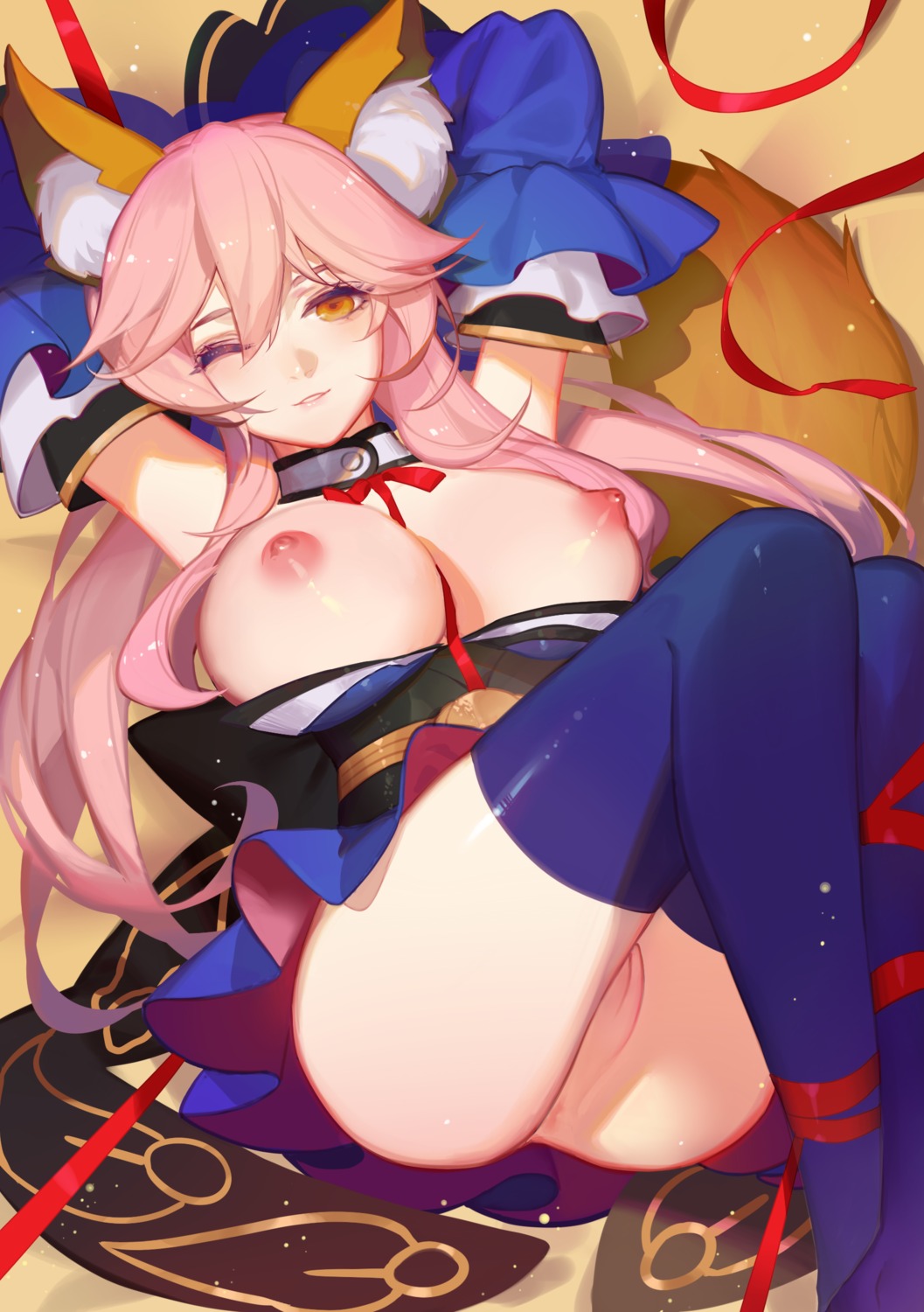 animal_ears anus breasts fate/grand_order japanese_clothes kitsune nipples no_bra nopan open_shirt pussy skirt_lift songjikyo tail tamamo_no_mae thighhighs uncensored