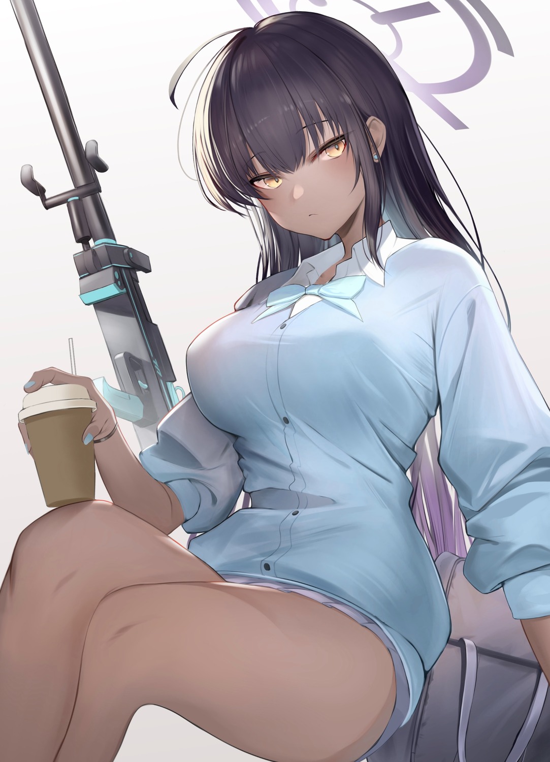 blue_archive gun halo kakudate_karin seifuku seseri_aoba skirt_lift sweater