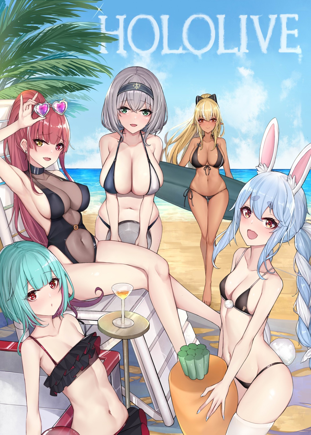 animal_ears bikini bunny_ears elf heterochromia hololive houshou_marine megane pointy_ears see_through sherryqq shiranui_flare shirogane_noel swimsuits tail thighhighs uruha_rushia usada_pekora