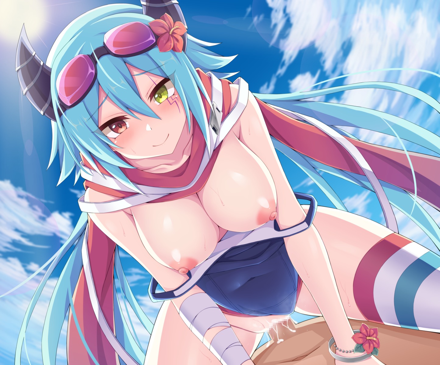 bandages breasts censored cum heterochromia hiiragi_anna horns nipples penis princess_connect princess_connect!_re:dive pussy rugatsuki school_swimsuit sex swimsuits thighhighs