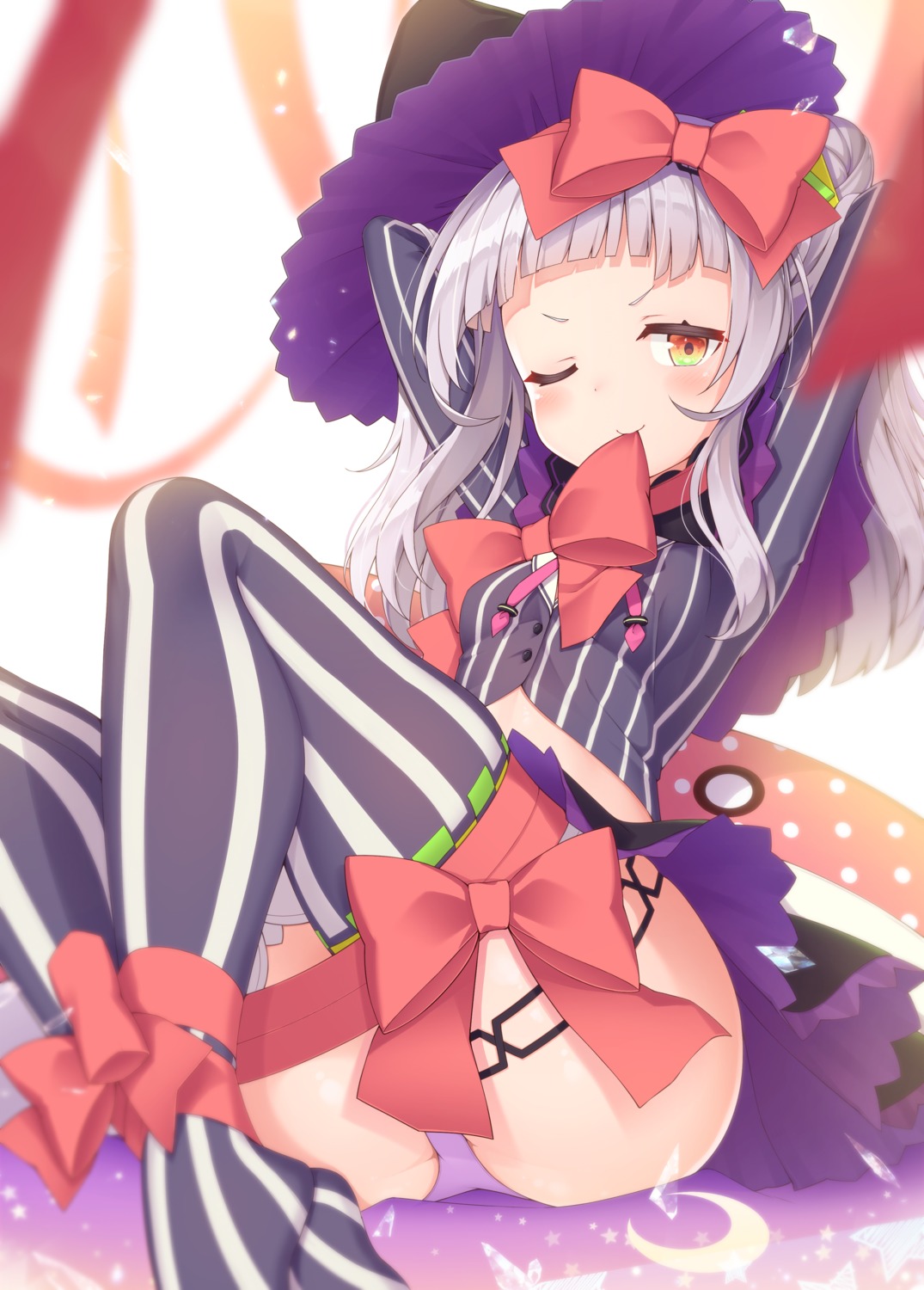 bondage garter hololive murasaki_shion pantsu sasakura_momizi skirt_lift thighhighs witch