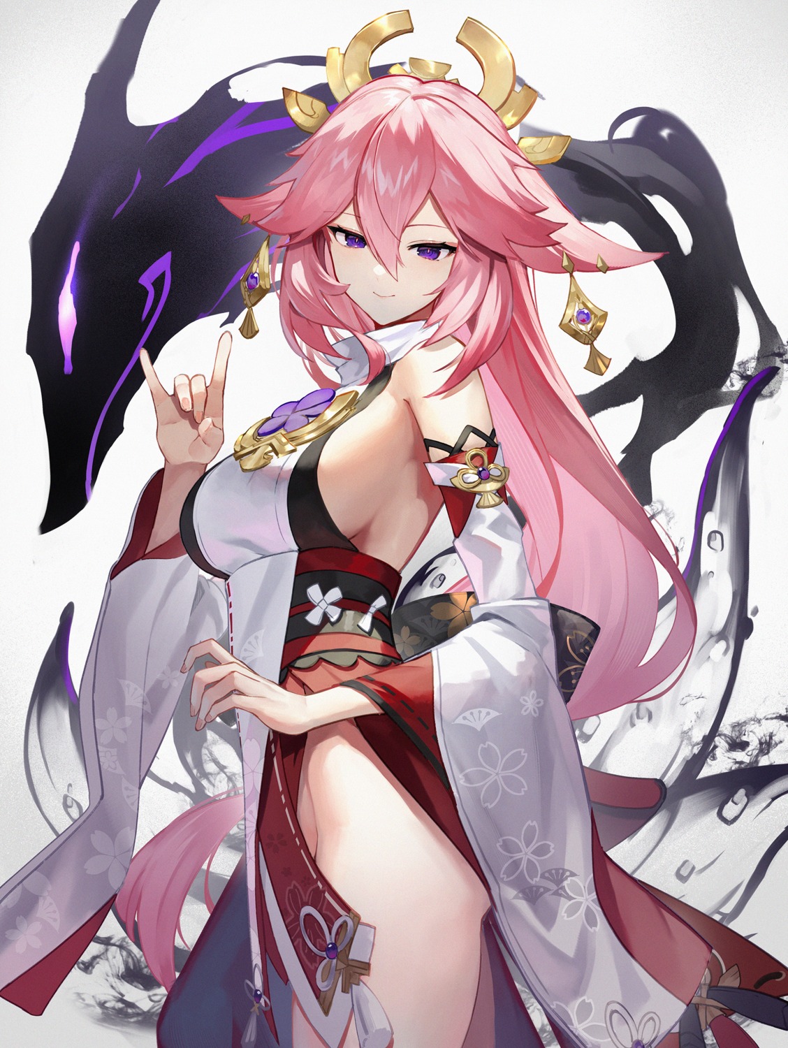 animal_ears genshin_impact japanese_clothes kitsune no_bra scottie yae_miko