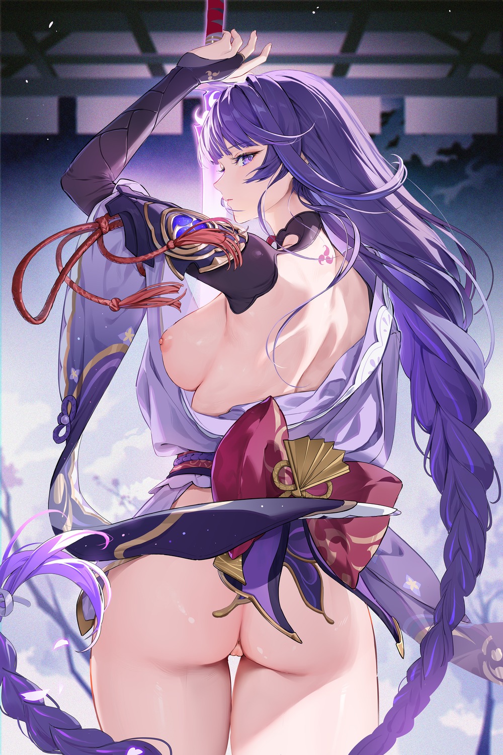 anus ass breasts genshin_impact houkisei japanese_clothes nipples no_bra nopan pussy raiden_shogun skirt_lift sword tattoo uncensored