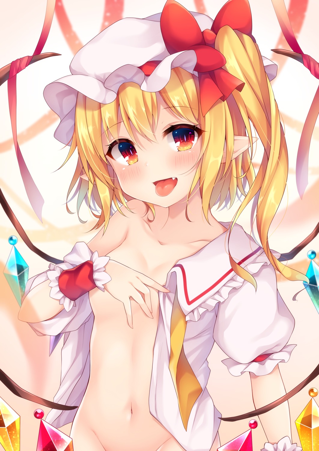 bottomless breast_hold breasts flandre_scarlet miy@ no_bra open_shirt pointy_ears touhou wings