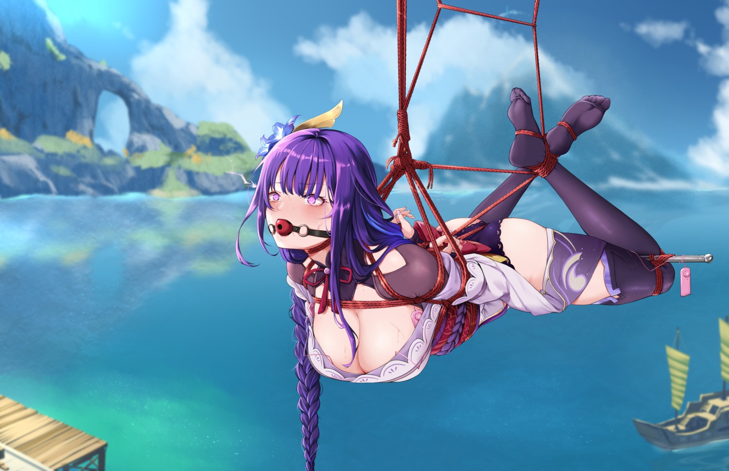 bondage genshin_impact japanese_clothes no_bra open_shirt pantsu raiden_shogun skirt_lift tendo_(zhazhatiantong) thighhighs vibrator