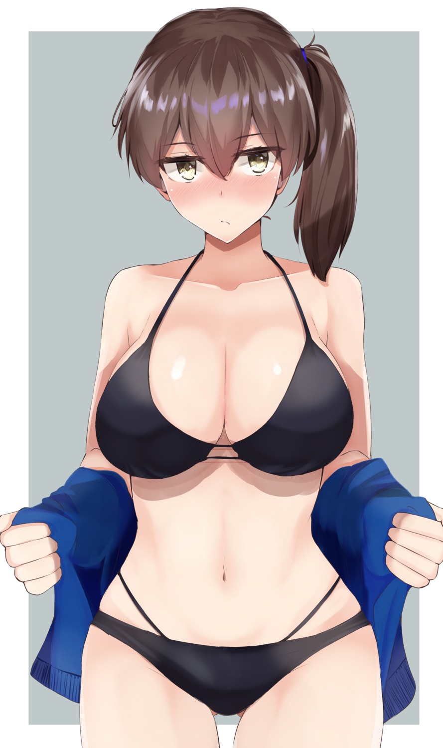 bikini cleavage kaga_(kancolle) kantai_collection ninoude_(ninoude44) open_shirt swimsuits