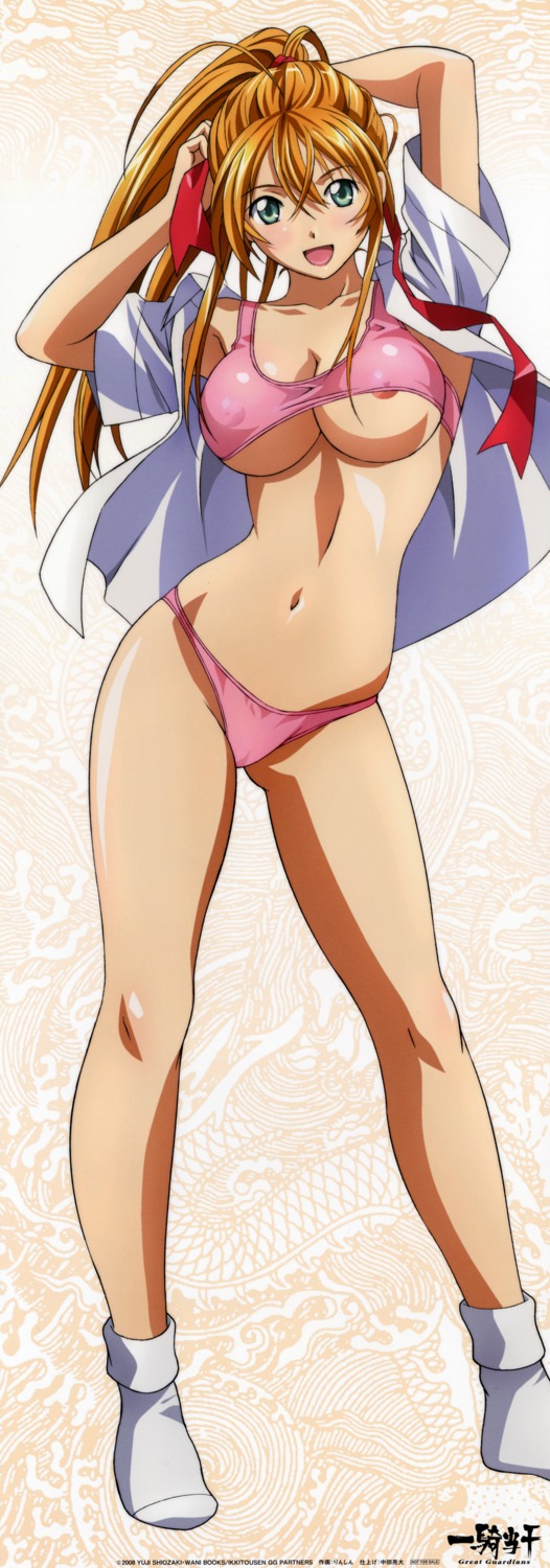 areola bra erect_nipples ikkitousen ikkitousen~great_guardians~ open_shirt pantsu rin_sin sonsaku_hakufu stick_poster underboob