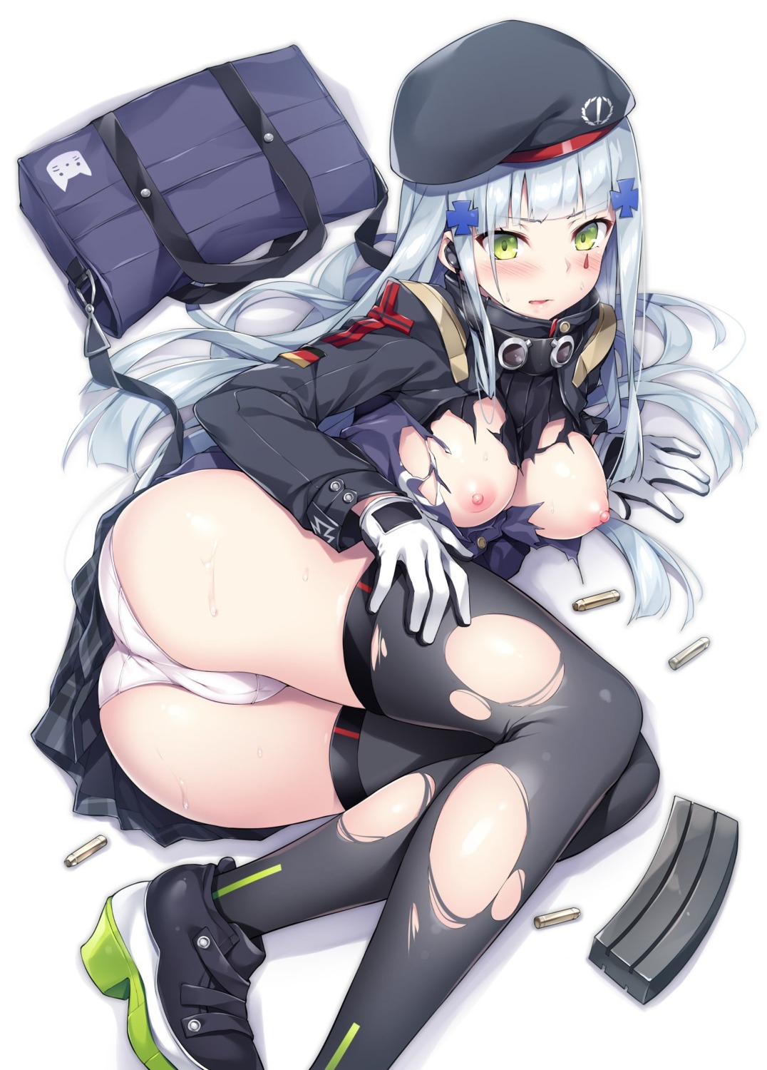 akizora_momiji ass breasts cameltoe duplicate girls_frontline heels hk416_(girls_frontline) nipples no_bra pantsu skirt_lift thighhighs torn_clothes