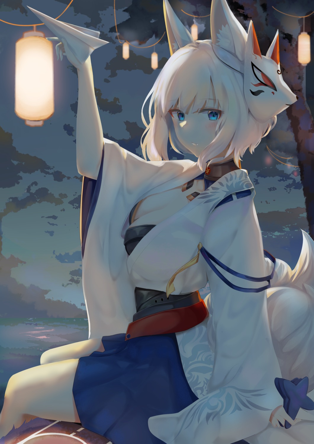 animal_ears azur_lane cleavage japanese_clothes kaga_(azur_lane) kitsune ru_zhai tail