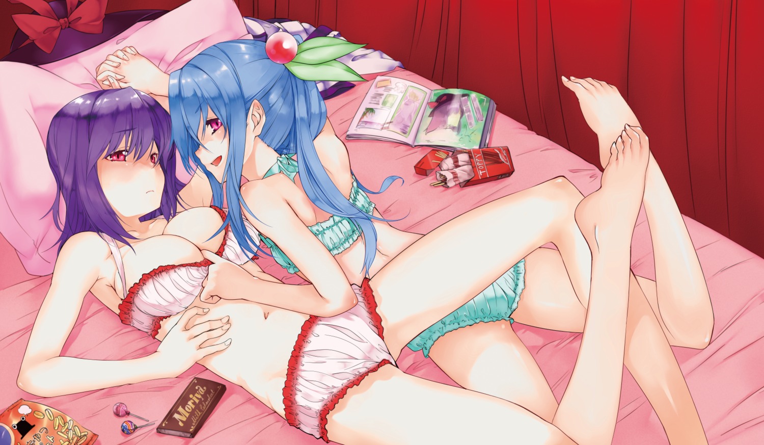 bra cleavage feet hinanawi_tenshi kurokuro nagae_iku pantsu pointy_ears touhou yuri