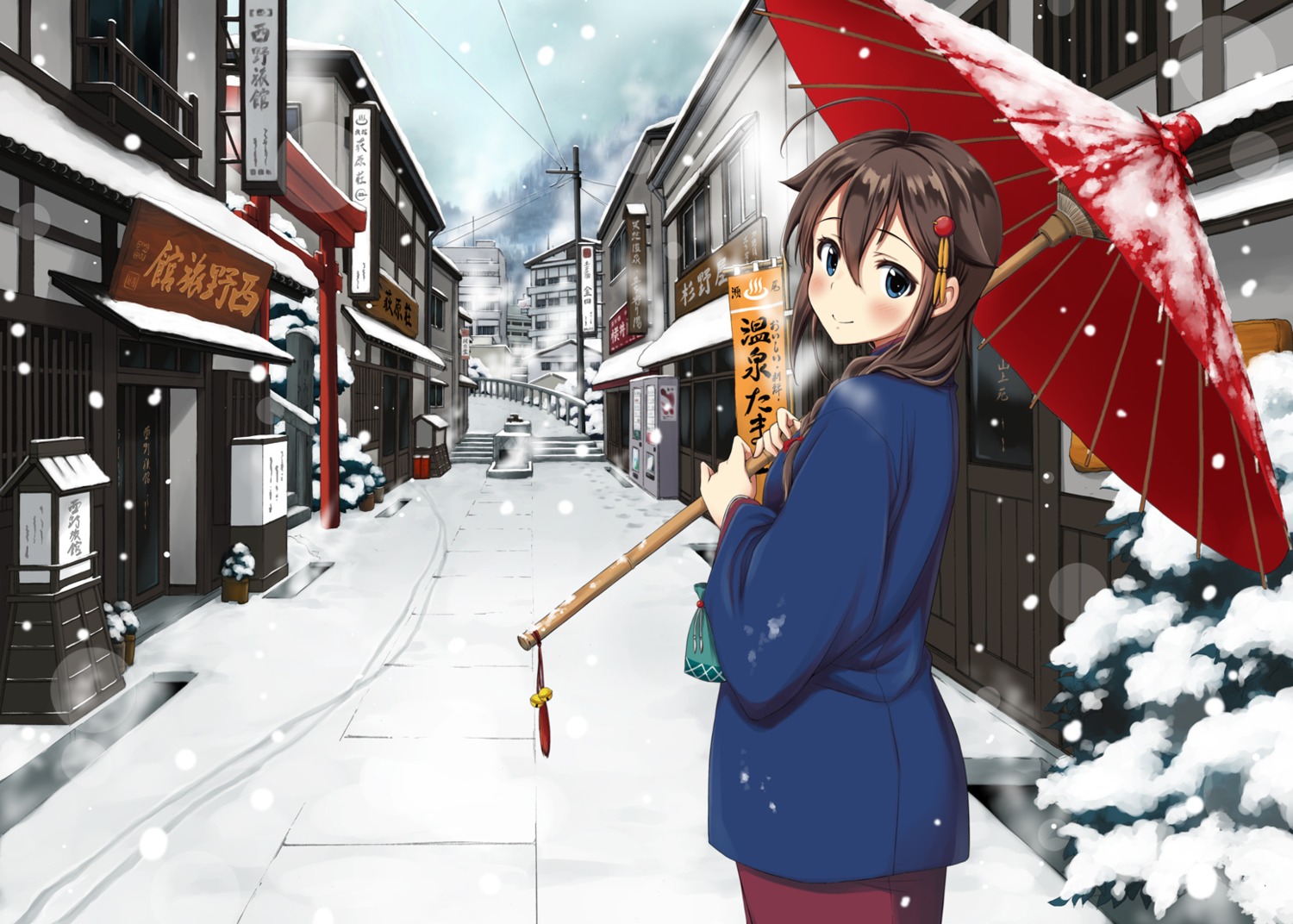 japanese_clothes kantai_collection shigure_(kancolle) umbrella yammy_(artist)