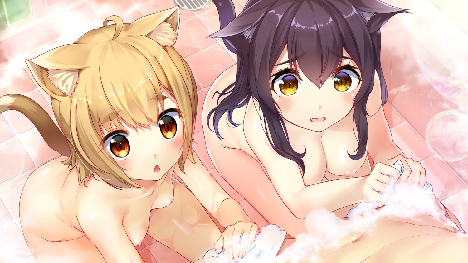 akasa_ai animal_ears bathing game_cg naked nekomiko nekomimi nipples qureate tail wet