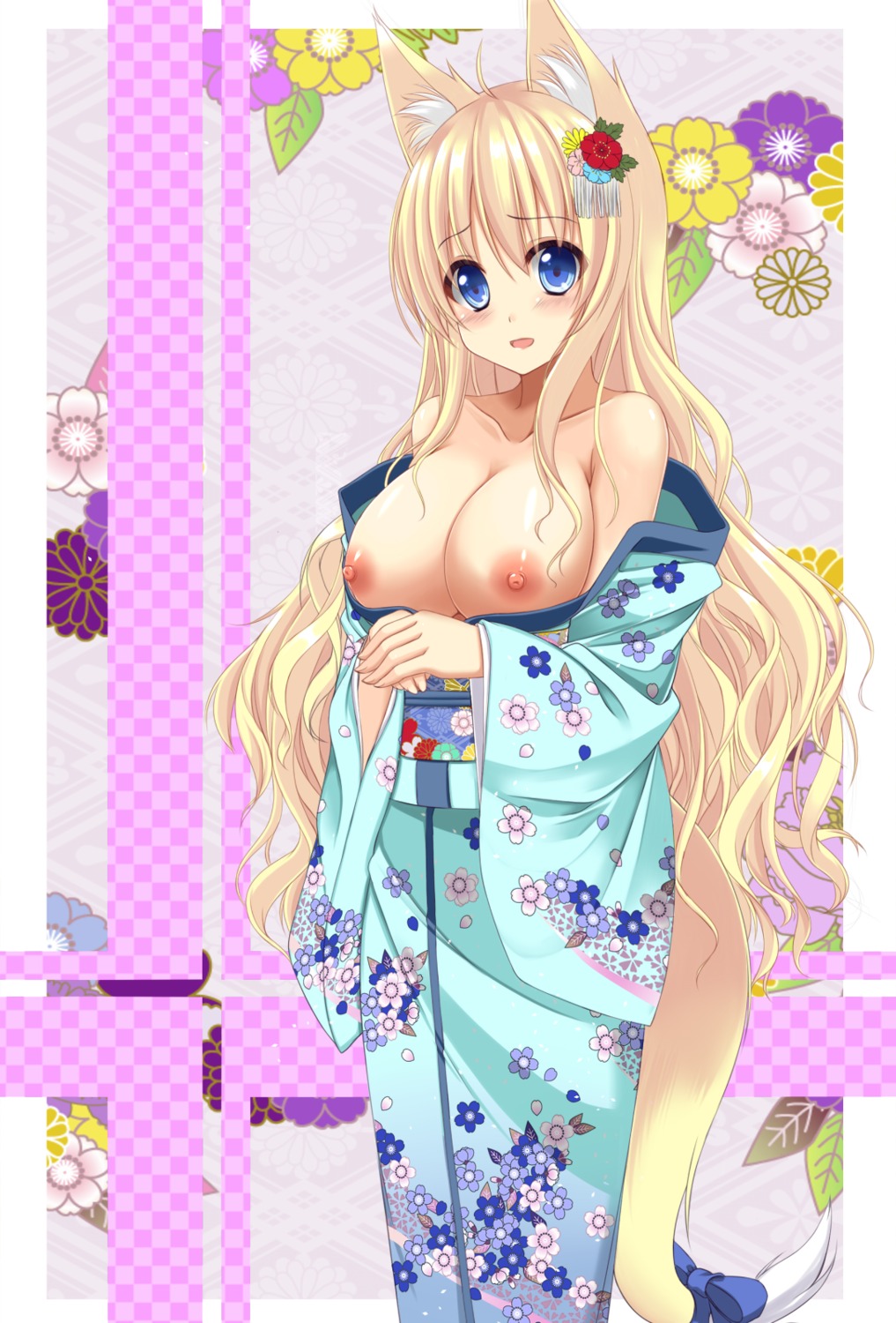 animal_ears breasts kimono nipples no_bra open_shirt sogaya tail