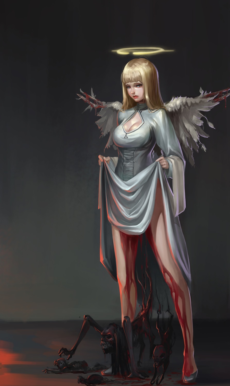 blood cleavage dress extreme_content guro heels midfinger22 skirt_lift wings