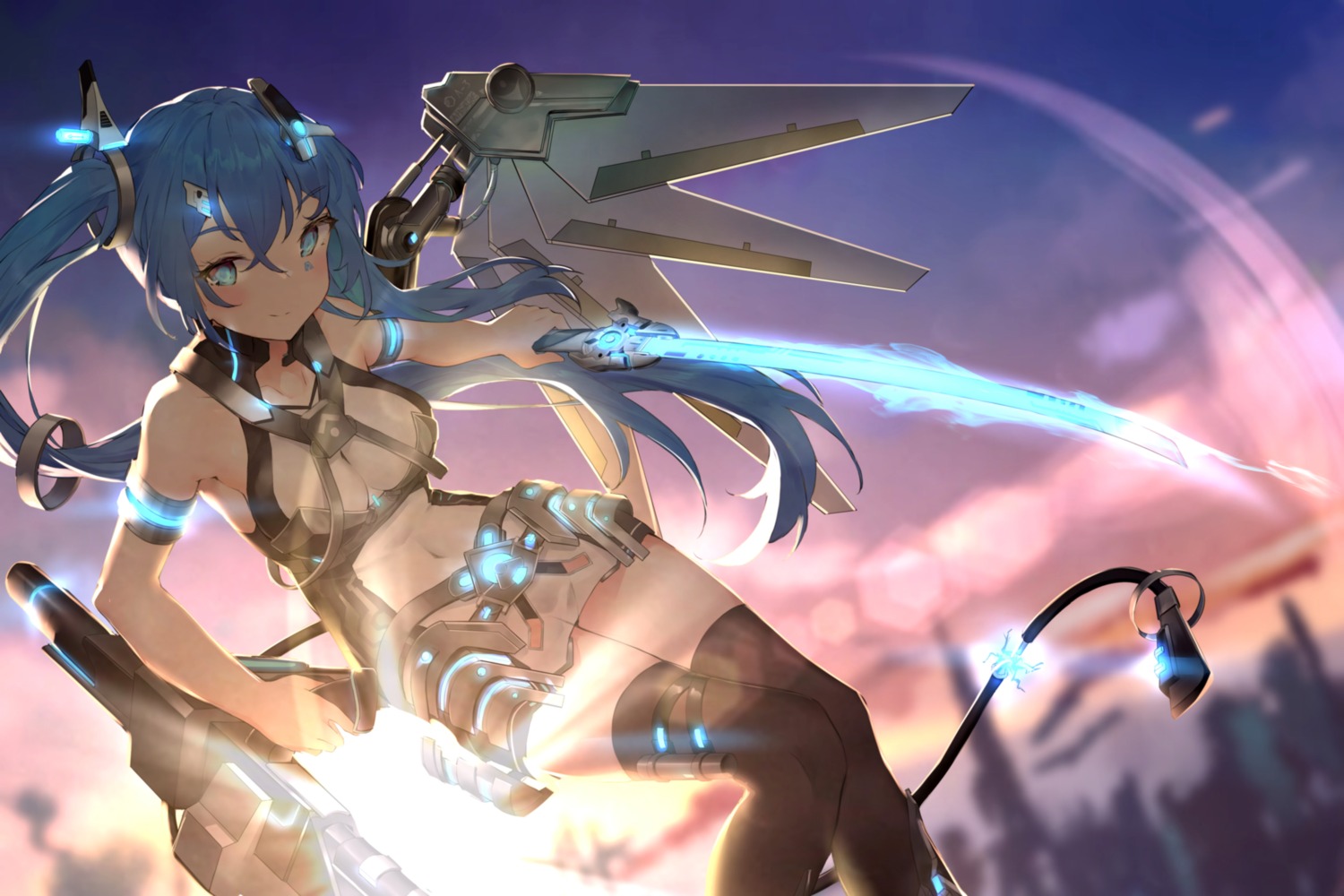 amsxure bikini_armor garter mecha_musume sword thighhighs wings