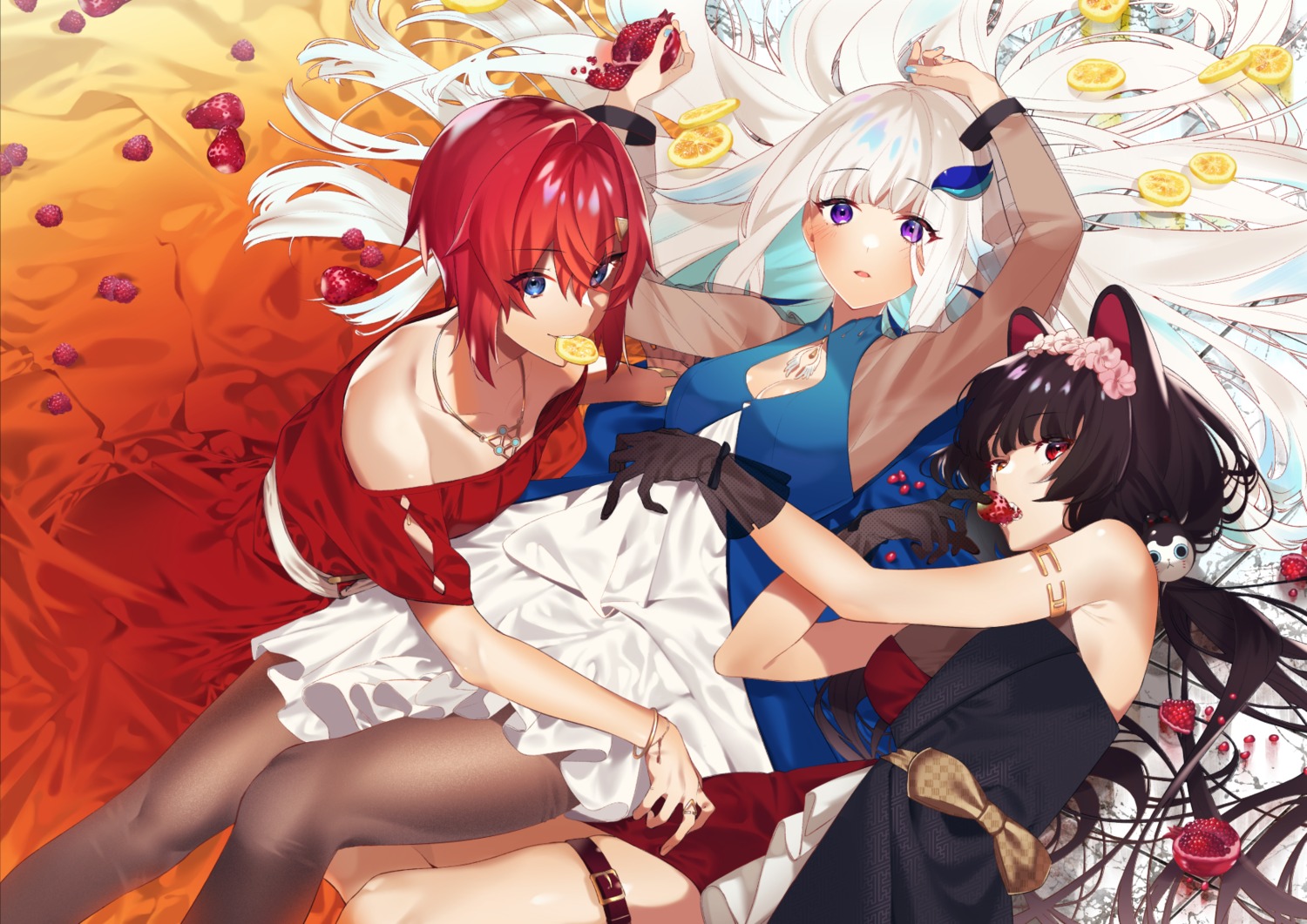 ange_katrina animal_ears dress garter heterochromia inui_toko inumimi lize_helesta nijisanji pantyhose see_through sino42 skirt_lift yuri