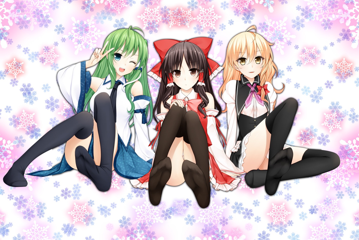 hakurei_reimu kirisame_marisa kochiya_sanae suzume_miku thighhighs touhou